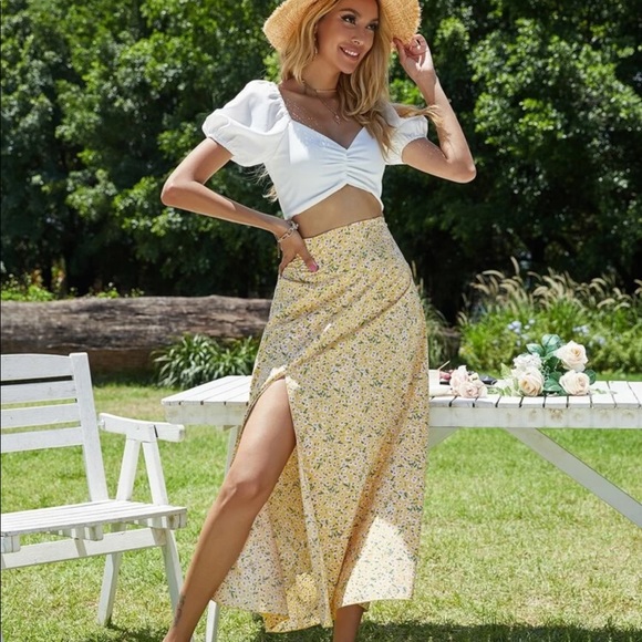 Floral print high waist slit boho skirt green-blue - Picture 6 of 9